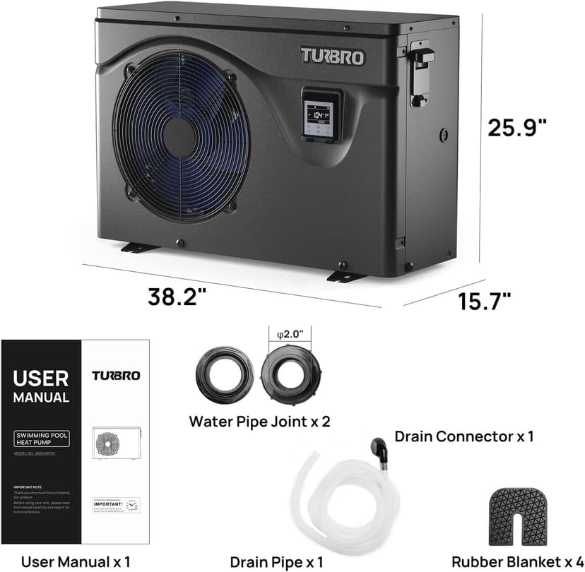 TURBRO 50,000 BTU Inverter Swimming Pool Heat Pump, Electric Pool Heater for in and Above-Ground Pools up to 16,000 Gallons, WiFi Enabled, Timer, 15.90 COP, 220-240 V, IPX4-Waterproof, Beluga Series
