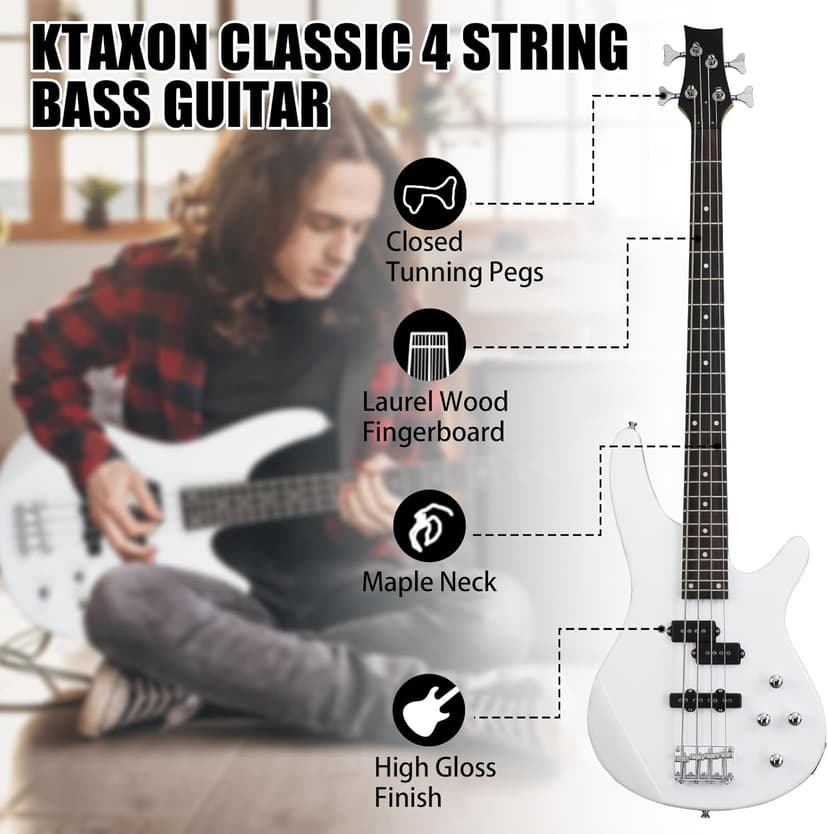 Ktaxon 4 String Electric Bass Guitar, Full Size Standard Right Handed Rosewood Fingerboard Beginner Kit with Cable Wrench Tool (White)