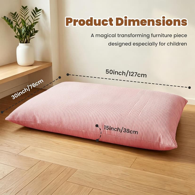 3 in 1 Kids Bean Bag Chair Bed for Kids or Adults, Convertible Chair Folds from Bean Bag Sofa to Lounger, Child Floor Sofa for Gaming, Reading, Floor Mattress with High-Density Foam (Pink)