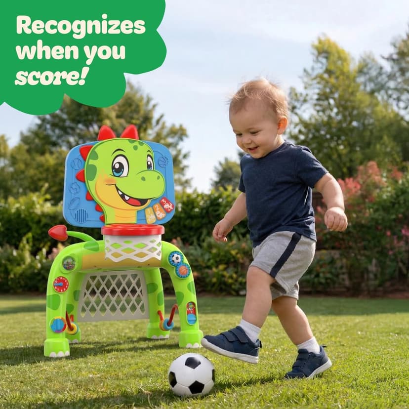 Move2Play, Dinosaur Basketball Hoop & Soccer Goal Activity Center | 30+ Sounds & Songs + 5 Lights | 1 2 3 Year Old for Boys and Girls | Toy & Gift for Baby & Toddlers B0FJSJHNHY