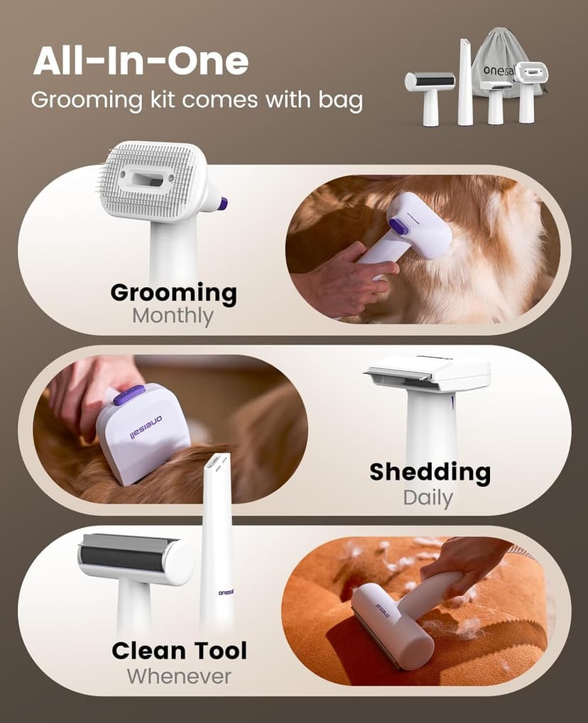 oneisall Dog Grooming Vacuum Kits: 15000Pa Shedding Brush with Grooming Tools, 3 Suction Low Noise, Pet Grooming Vacuum for Thick and Undercoat, 1.5L Dust Cup Dog Hair Vacuum, Home Cleaning, LM5