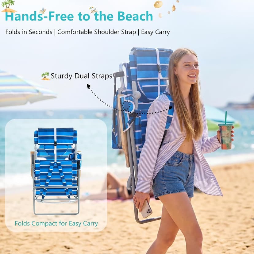 Oversized Beach Chair for Adults,5 Position Adjustable Tanning Chair with Sun Canopy,Folding Reclining Lounge Chir with Face Holes,Backpack Portable for Patio Pool Camping (Blue-White,Medium)