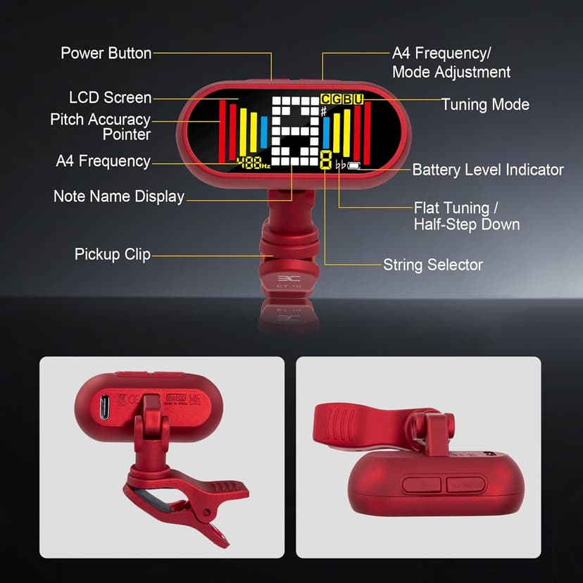 EX Professional Rechargeable Chromatic Clip-On Guitar Tuner — Fast, Ultra-Accurate Clip-On Tuner with Color LCD for Acoustic Guitar, Bass Guitar, Ukulele & Violin, Red