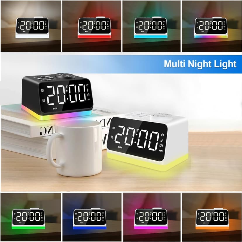 JALL Digital Alarm Clock with FM Radio for Bedroom, 8 Colors Night Light with Charging Port, Sleep Sound Machines with Timer, Dual Alarm (White with White Font)