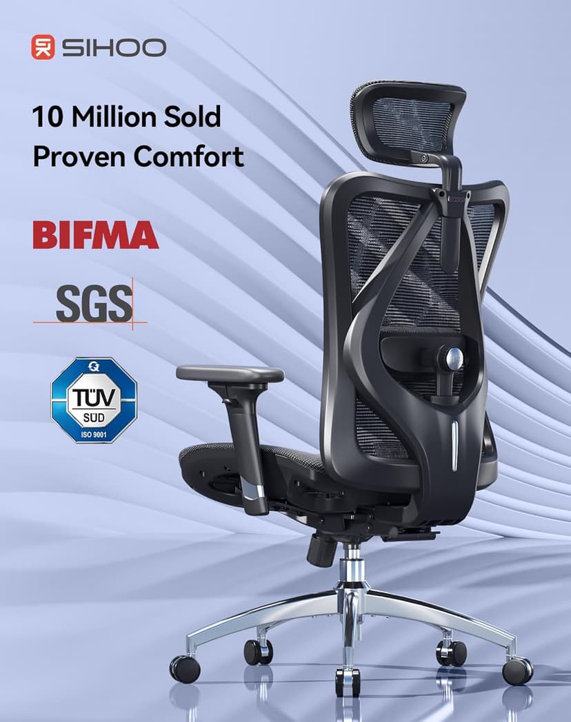SIHOO M57 Ergonomic Mesh Office Chair, High Back Home Desk Chair with 3D Armrests, Lumbar Support and Adjustable Headrest, Comfortable Computer Chair, Big & Tall Office Chair Hold 330 LBS-Black