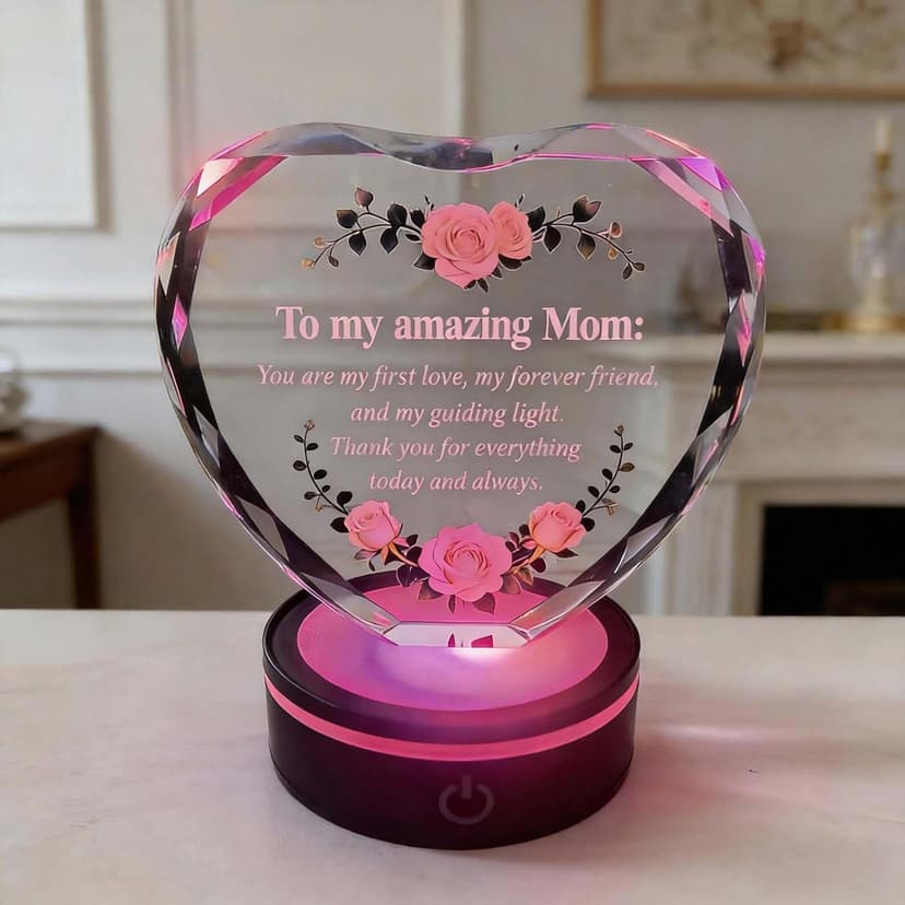 Premium K9 Crystal, Laser Engraved, 6-Color USB LED Base, Gift Box Packaging, Perfect Present for Birthdays & Christmas Crystal Heart Keepsake for Mom, Color Changing LED, Mothers Day Gift B0GS15MD5Z