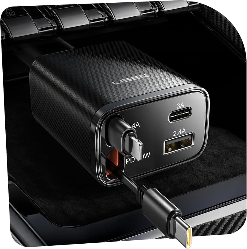 LISEN Retractable Car Charger, 84W Car Charger USB C Fast Charger Adapter, Car Accessories for Men Women, Gifts for Fathers Day for Men Dad Husband, for iPhone 17 16 15 14 13 12 Pro Max, Carbon-Black B0GY4XMHBW
