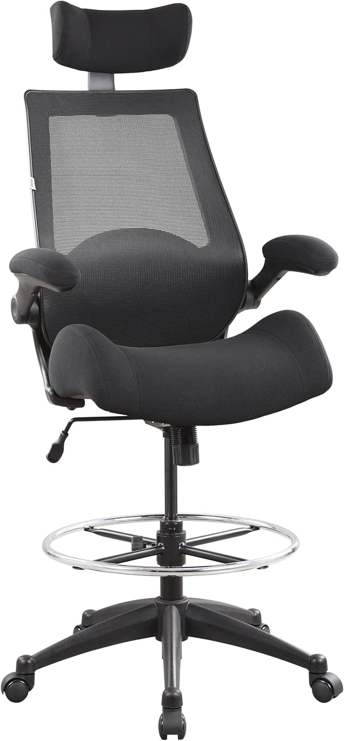 BOLISS Drafting Tall Office Chair 400lbs High Back Wide Standing Desk Chair Comfortable with Flip up Armrests Lumbar Support Adjustable Big Footrest Ring(Black)
