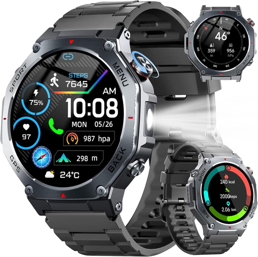Military Smart Watch for Men Built-in GPS with LED Flashlight Compass, 1.43" AMOLED Display 5ATM Waterproof Fitness Tracker with Heart Rate/Sleep/Blood Pressure, Watches for Android/iPhone, Black