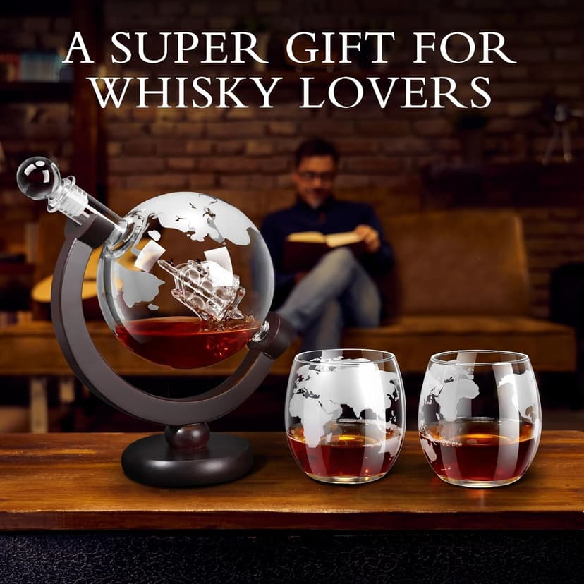 Whiskey Decanter Sets for Men, Whiskey Decanter Globe Set with 2 Etched Globe Whisky Glasses for Liquor, Bourbon, Cocktails, Vodka, Scotch liquor decanter Sets - 850ml