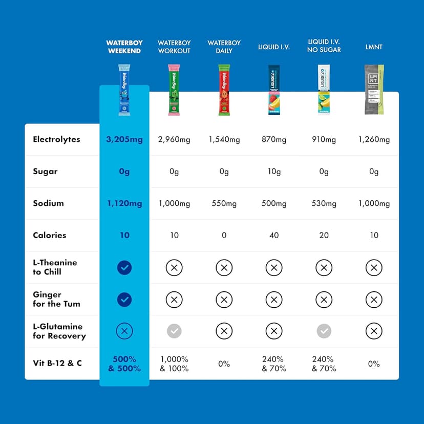 Waterboy Weekend Recovery Sample Pack | 3,200mg Electrolyte Powder Packets | Ginger + L-Theanine + Vitamins | No Sugar, All Natural, Gluten Free | 12 Drink Stick Mixes (Sample Pack)
