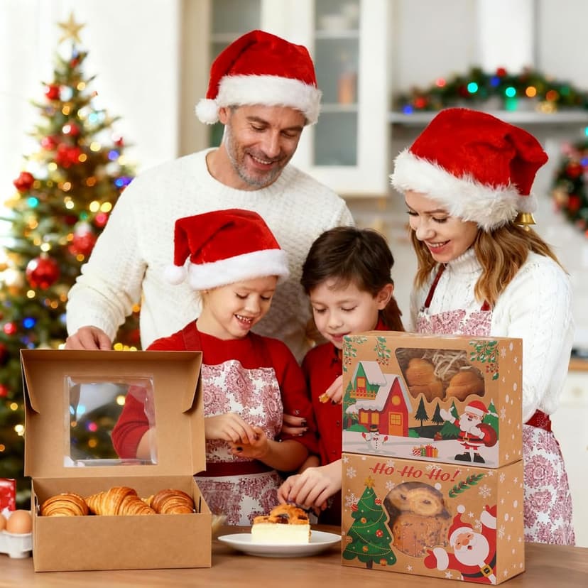 24 Pack Christmas Cookie Boxes - 8.25"x6"x2.75" Brown Kraft Bakery Box with Window for Holiday Treats, Gift Exchange Box for Baked Goods, Cookie Tins with Lids for Gift Giving