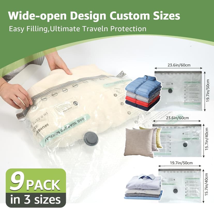 Vacuum Bags for Travel with Rechargeable air Pump, 9 Packs of 3 Sizes Vacuum Seal Bags for Clothing (9 Combo Set)