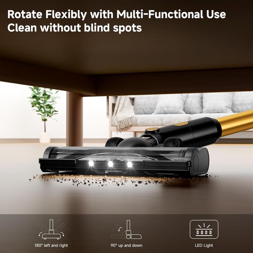 Cordless Vacuum Cleaner, 8 in 1 40Kpa 55Mins,Lightweight Vacuum Cleaners for Home, Stick Vacuum with Anti-Tangle Brush,Wall Mount, Rechargeable Cordless Vacuum for Floor/Sofa/Pet Hair,Gold