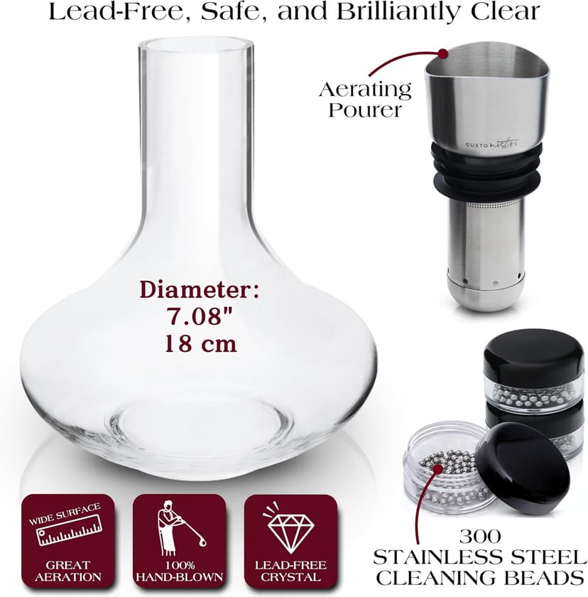 Gusto Nostro Crystal Wine Decanter with Aerator Pourer - Premium Hand-blown Lead-free Glass Wine Decanter Set for Red Wines - Carafe with Lid Filter for Smooth Pouring - Stainless Steel Spout Included