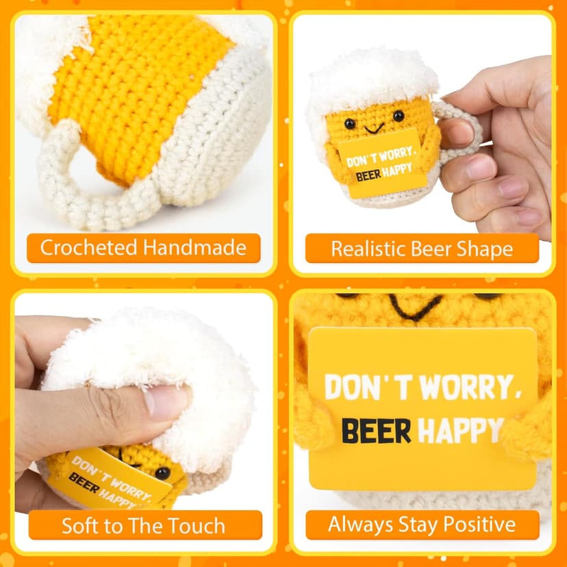 A AIFAMYFunny Positive Coffee, Emotional Crochet Doll, Cute Crochet Potato Partner Toy with Positive Card Cheer Up Funny Gag Gifts for Best Friend Birthday Women Teacher Fall(Beer