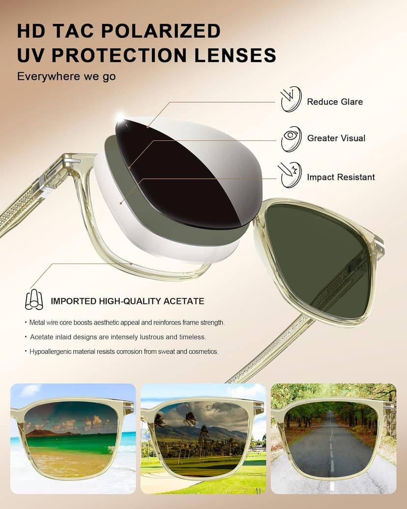 CARFIA Classic Polarized Sunglasses for Men UV400 Protection, Flexible Acetate Shades with Core Wire Design CA31238