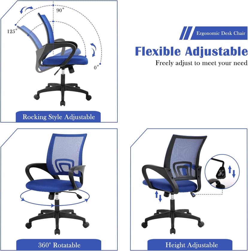 Home Office Chair Desk Chair Computer Chair with Lumbar Support& Armrest, Adjustable Ergonomic Mid Back Task Chair Mesh Rolling Swivel Office Desk Chairs for Bedrooms, Blue