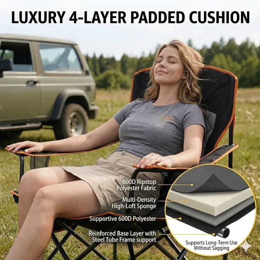 FAIR WIND Oversized Fully Padded Camping Chair, Heavy Duty Quad Fold Chair Arm Chair Support 350 LBS with Cup Holder, Collapsible Lumbar Back Chair Portable for Outdoor, Black