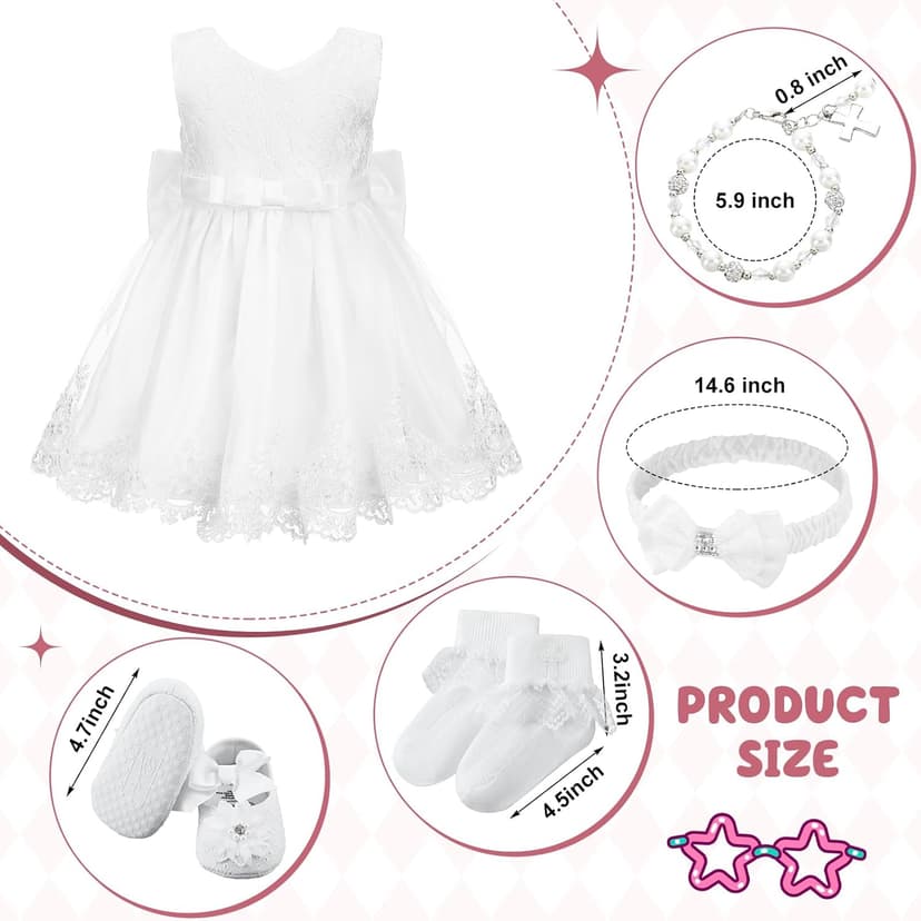 5 Pcs Baby Girl Baptism Outfit Includes Lace Christening Dresses Bowknot Headwear Cross Charm Bracelet Socks Shoes