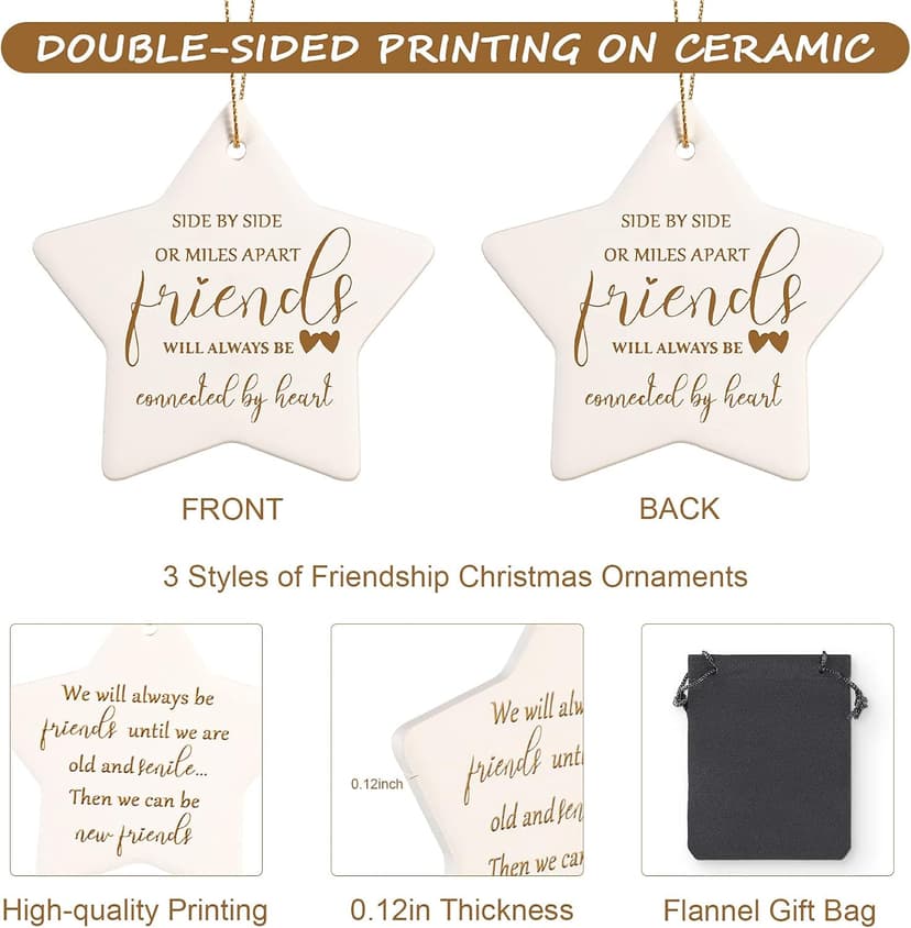 CHENGU Christmas Friends Ornament Ceramic Star Shaped Ornament High School College Hanging Sign Decoration Tree Ornament Good Friends are Like Stars Tags Crafts with Box for Classmate Friends (3 Pieces)