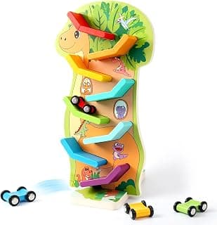 4 Mini Cars, 8 Level Race Track Car Truck, Car Toys for Toddlers 1-3, One 1st Birthday Gift Montessori Toys for 1 2 3 Year Old Boy, Dinosaur Wooden Car Ramp Race Track B0H7H5XWV5