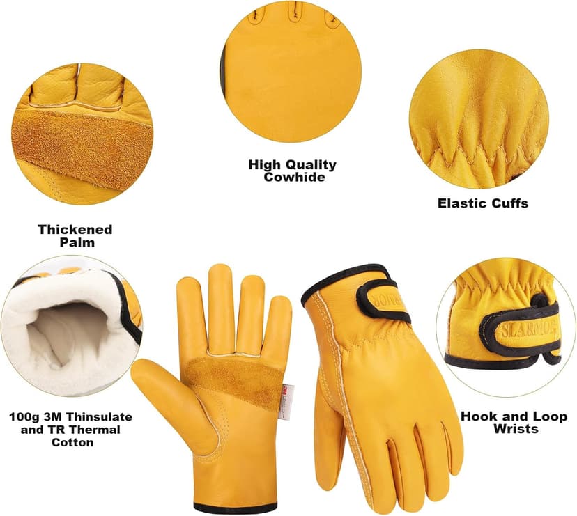 SLARMOR Mens Winter Leather Work Gloves, Warm Thinsulate Lining for Cold Weather Work, Thermal Insulated Work Gloves with Leather Palm,100 gram Insulation-L