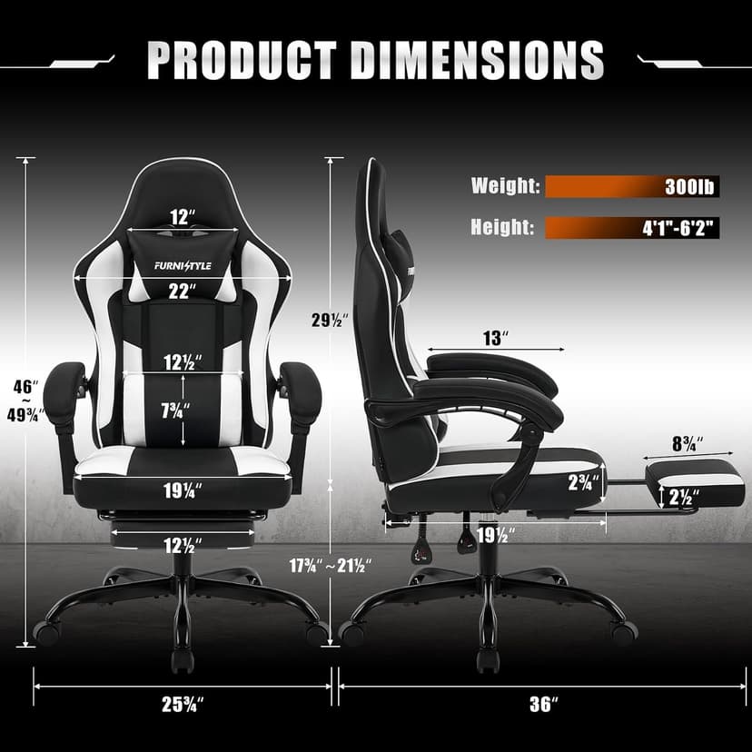 Gaming Chair with Footrest, Reclining Video Game Chairs for Adults with Lumbar Support, Linkage Armrests, Ergonomic Computer Chair for Gaming or Office, PU Black-White