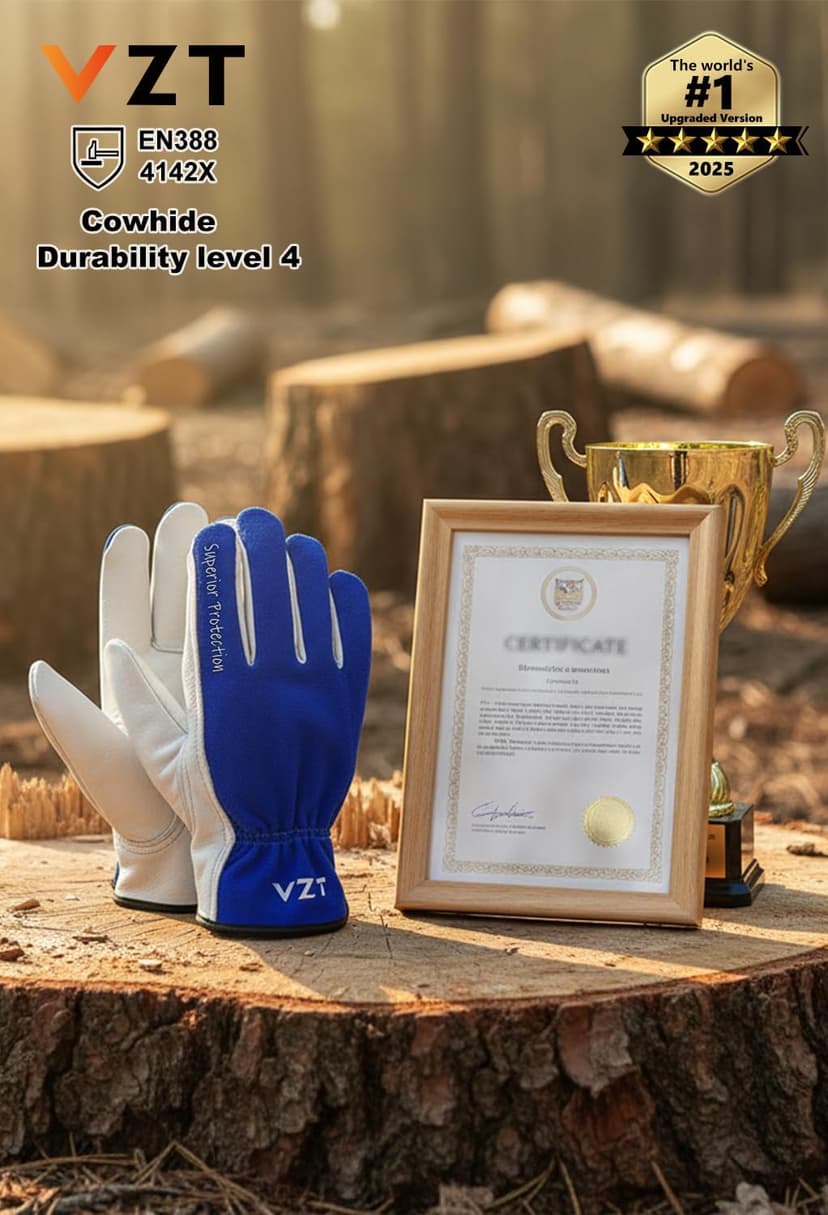 VZT 12 Pairs Bulk Winter Leather Work Gloves for Men or Women for Construction, Wood cutting, Driving, Water Resistant, Keep warm, Soft, Cowhide, Class 4 Abrasion Resistant, Blue-White, XL