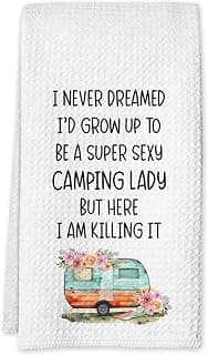 Camping Kitchen Towels 16x24 Waffle Weave, I Never Dreamed I’d Grow Up to Be a Super Sexy Camping Lady Dish Towels, Camp RV Gifts for Women, Gifts for Campers -A01 B0FFMWD7JP