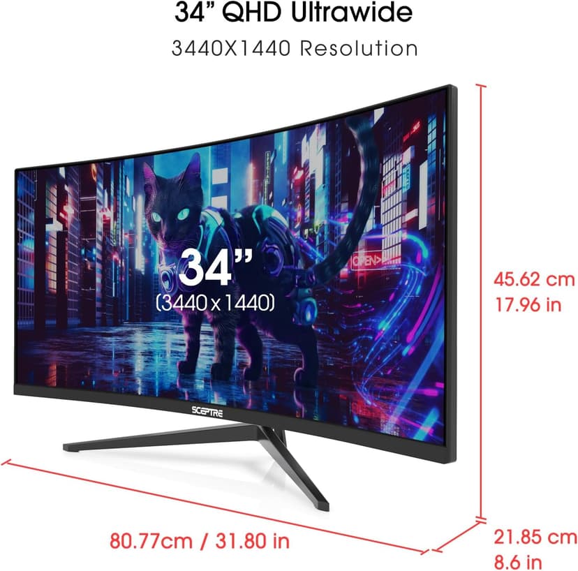 Sceptre 34-Inch Curved Ultrawide WQHD Monitor (3440 × 1440), R1500, up to 180Hz/165Hz, DisplayPort x2, 99% sRGB, 1ms, Built-in Speakers, Machine Black, 2025 (C345B-QUT168)