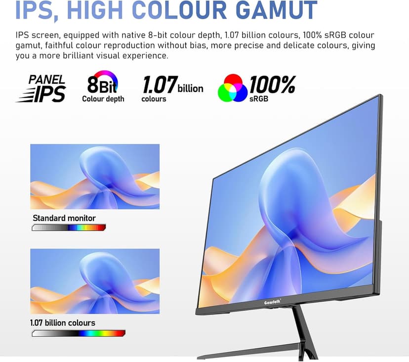 Gawfolk 27 inch IPS 2K QHD (2560×1440) Computer Monitor 75Hz Gaming PC Screen, 1ms,Adaptive Sync,100% sRGB, 1.07 Billion Colours, HDMI2.0、DisplayPort 1.4, Built-in Speaker - Black