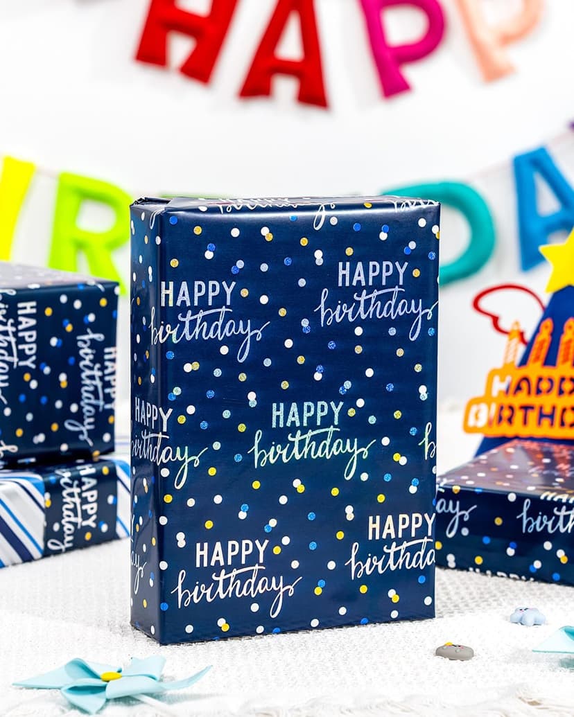 MAYPLUSS Birthday Wrapping Paper Roll, Blue Metallic Holographic Happy Birthday Wrapping Paper Featuring Revesible Stripe Gift Wrap Paper for Boys Kids Girls Men, 17 Inches x 33 Feet B0FX9W1LZD