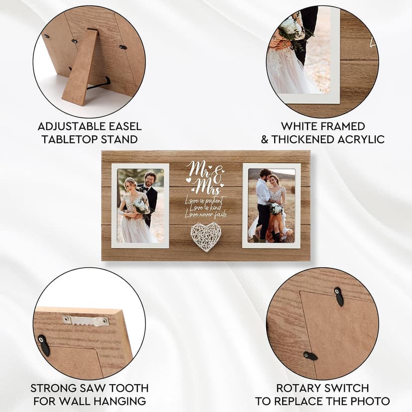 Personalized Wedding Gifts for Couples, Bridal Shower Gift for Bride, Mr & Mrs Photo Frame Holds 2pcs 4x6 Pictures, Unique Wedding Gifts for Newlyweds