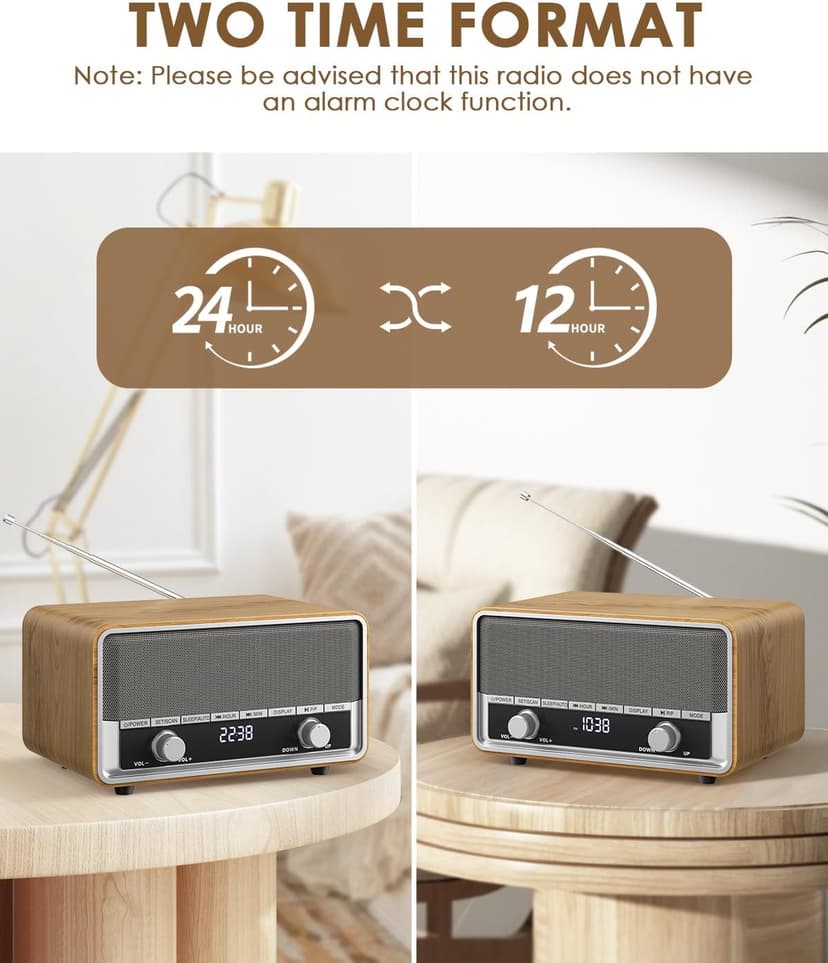 Vintage Wood AM FM Bluetooth Radio with Clock, Digital Clock Radio for Bedroom with LCD Display | 40 Presets | Sleep Timer | No Alarm, Retro Bluetooth Speaker for Office, Kitchen (Wood)