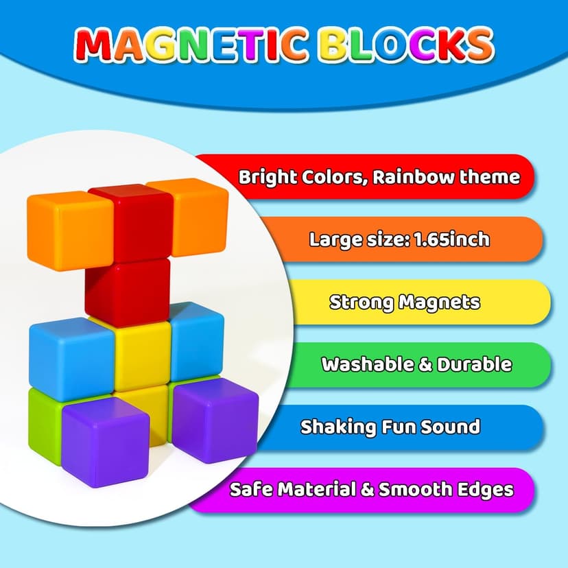 Sensory & Montessori Toys for Boys & Girls 1 2 3 Years Old, Toddler Travel Toys, Magnet Toys for Kids Birthday Gifts (12 PCS) Magnetic Building Blocks Large, 1.65 inch Stacking Cubes for Toddlers B0CHJTD1FS