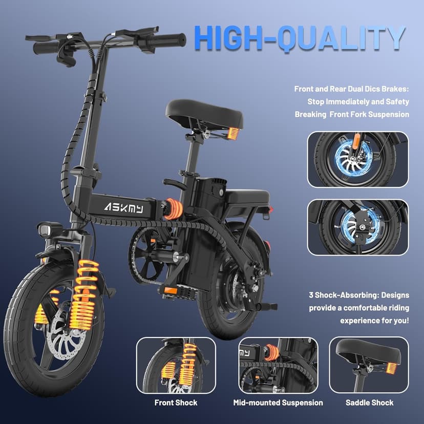 Electric Bike for Adults and Teens, 740W Peak Motor E-Bike with 30-60 Miles PAS Range, 48V 10AH/20AH Removable Battery, 14" Folding Mini Ebike with 20MPH, Electric Bicycle for Commute