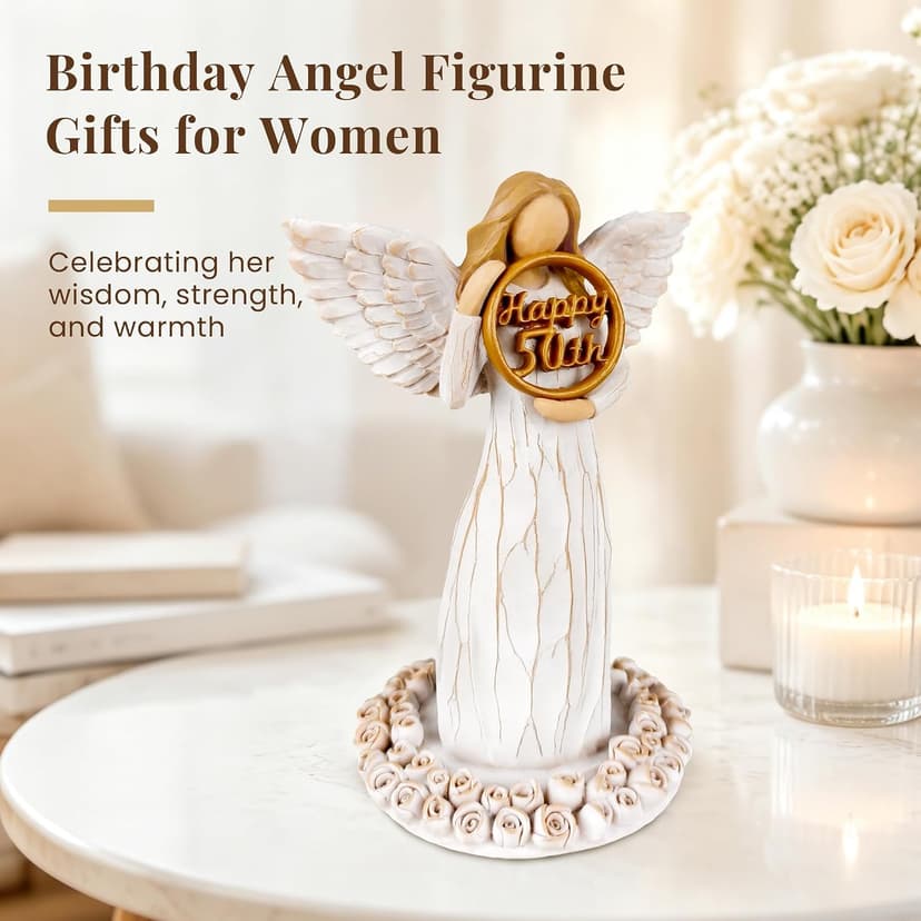 Hand-Painted Resin Angel Figurine with Rose Base, Milestone Birthday Gift for Mom Grandma Wife Sister 50th Birthday Gifts for Women - Replaceable 60th, 70th, 80th Age Plates B0H8CG1828