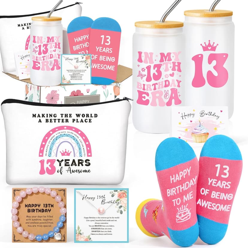13th Birthday Gifts for Girls – Gift Set for 13 Year Old Girl with Glass, Jewelry, Bracelet, Socks, Makeup Bag – Teen Girl 13th Birthday Decorations – Present for Daughter, Niece, Granddaughter