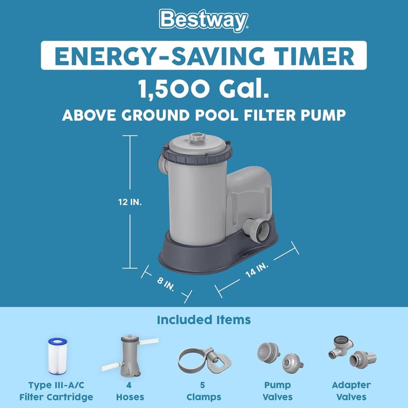 Bestway 1,500 GPH Filter Pump for Above Ground Swimming Pool with Type III A/C Cartridge, Adapter Accessories and Timer