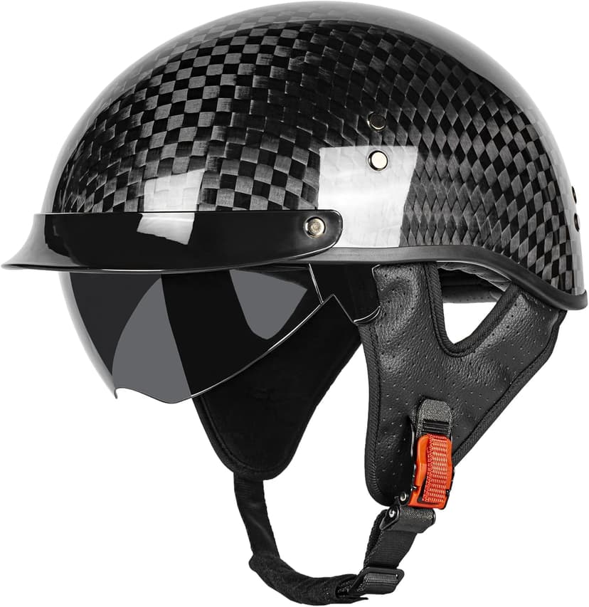 Carbon Fiber Motorcycle Half Helmet for Adults Men & Women – DOT Approved Open Face Retro Helmets with Visor, Vintage Design for Scooter, Moped, Cruiser