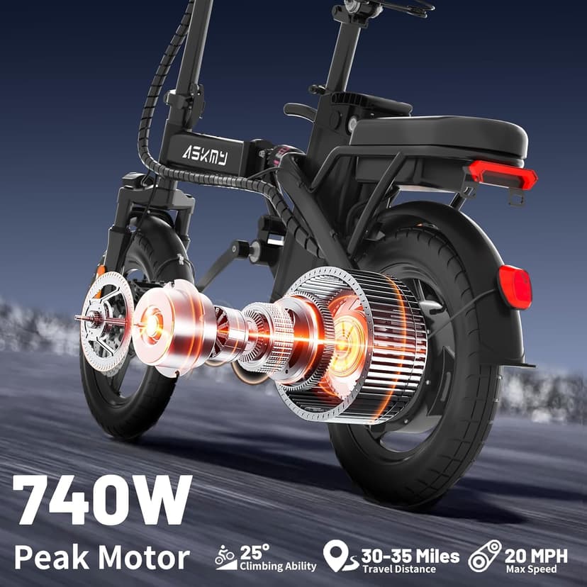 Electric Bike for Adults and Teens, 740W Peak Motor E-Bike with 30-60 Miles PAS Range, 48V 10AH/20AH Removable Battery, 14" Folding Mini Ebike with 20MPH, Electric Bicycle for Commute