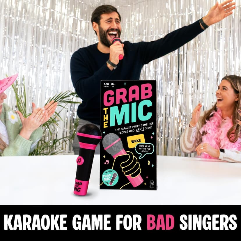 Lucky Egg Official Grab The Mic – Family Karaoke Board Game w/Foam Mic, 8+ Ages, 2-10 Players - Games for Bad Singers w/ 230 Lyrics (115 Cards)