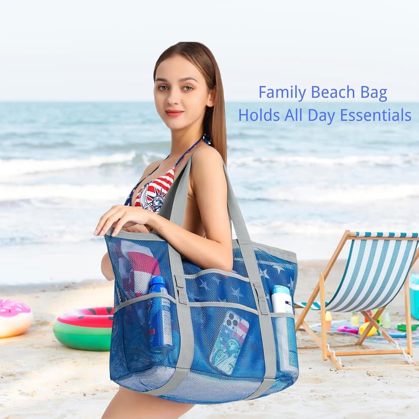 F-color Mesh Beach Bag Family - Large Tote Bag 9 Pockets for Swim Pool Toys Cruise Beach Vacation Essentials