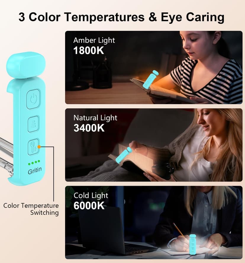 Gritin Reading Light, Rechargeable Book Light for Reading in Bed - Eye Caring 3 Color Temperatures, 5-Level Dimmable Brightness, Long Lasting, Compact Size Clip on Book Lamp for Bookworms-Blue