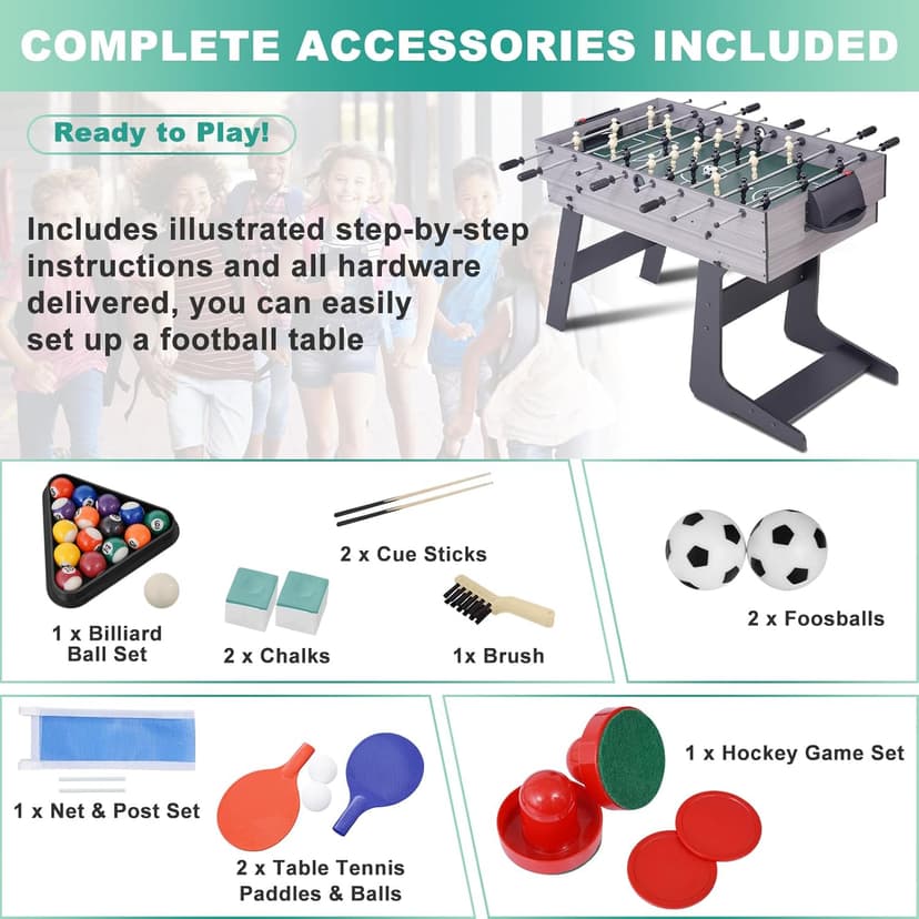 RAYKEEP Foldable Multi Game Table, 4-in-1 Combo Game Table Set with Ping Pong, Hockey, Pool Billiards and Foosball for Adults, Home, Game Room, Friends & Family