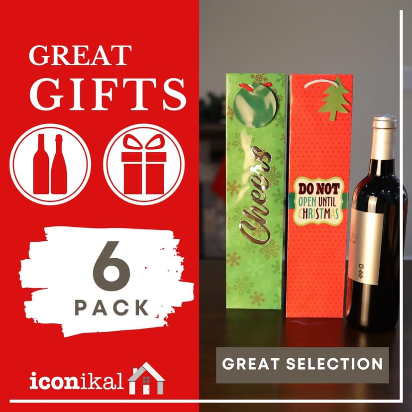 Iconikal 6-Pack Christmas Wine Bottle Gift Bags, Heavy-Duty with Ribbon Handles, Assorted Holiday Designs - Ideal for Festive Xmas Gifting, Parties & Bulk Wrapping