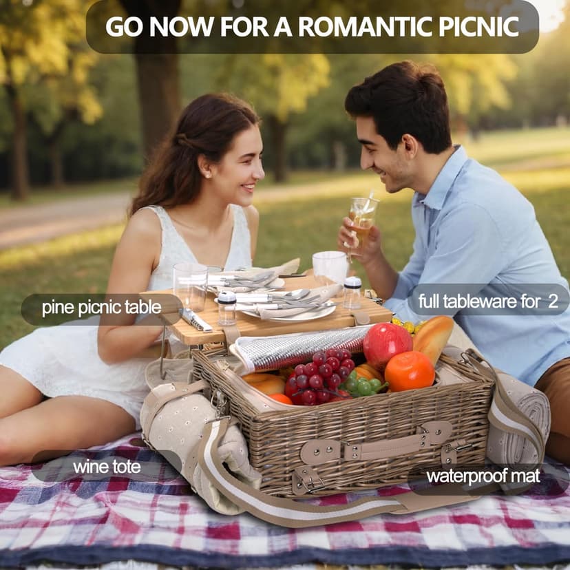 Multifunctional Wicker Picnic Basket Set for 2 with Blanket and Picnic Table, Insulated Picnic Set with Full Tablewares for Camping Outdoor Couples, Flowers B0D4Q11DMV