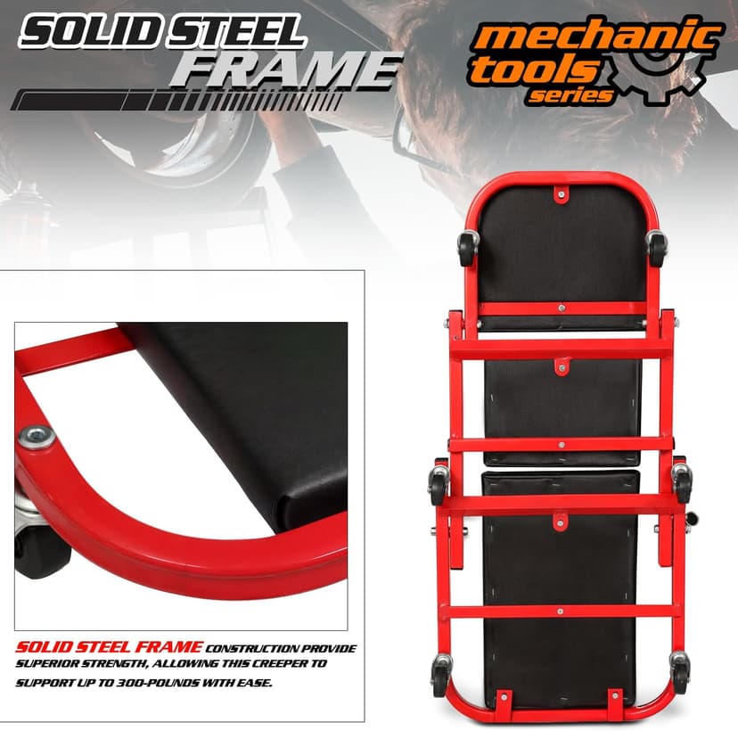 M-AUTO Foldable Z Creeper 2-in-1 Rolling Folding Car Creeper & Seat, 36" Adjustable Roller Garage Chair Lay Down or Sit, 330LBS Capacity Under Car Roller Creeper with 6 Swivel Casters, Red B0BPSQMJ9V