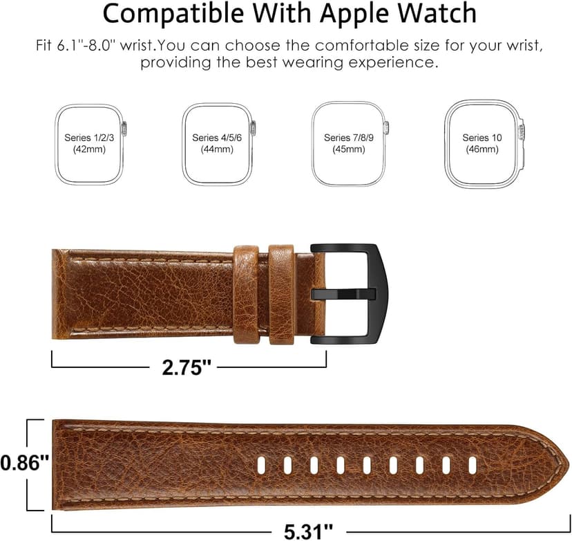 EDIMENS Leather Bands Compatible with Apple Watch 46mm 45mm 44mm 42mm(Series 1 2 3) Band Men Women, Vintage Genuine Leather Wristband Replacement Band Compatible for Apple Watch iwatch Series 10 9 8 7 6 5 4 SE